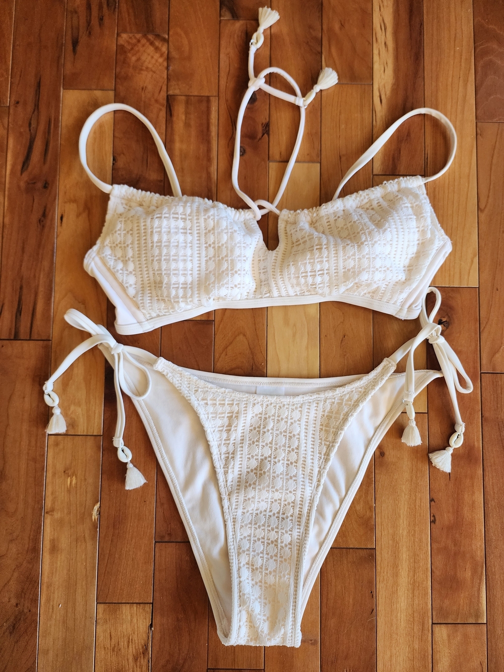 Wild Fable Crochet Bikini Set w/ Shell Tassels – Medium – White Boho Swimwear